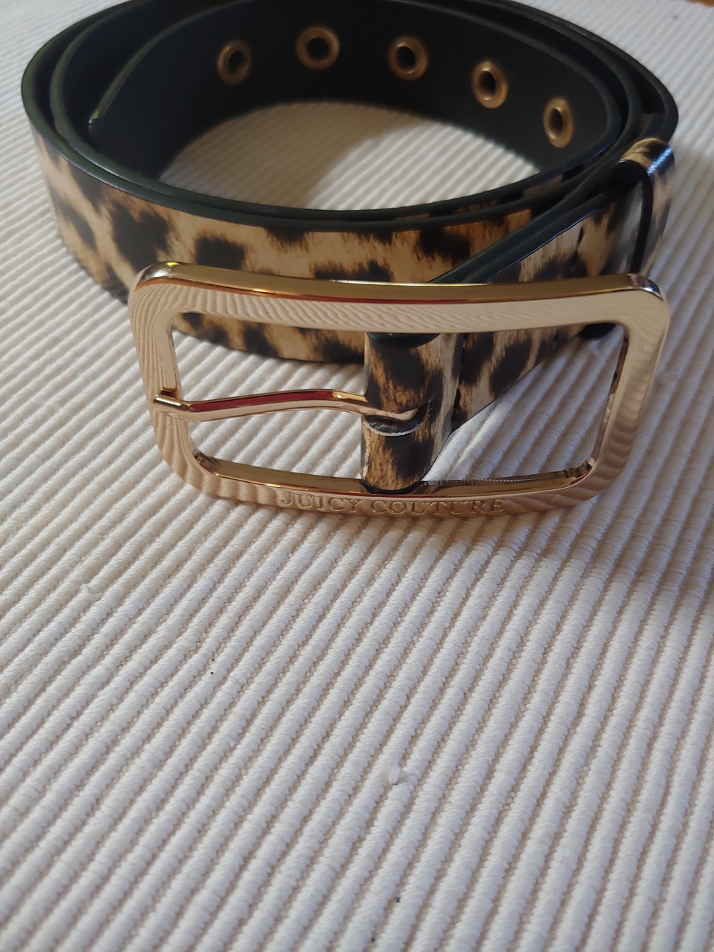Juicy Couture Leopard Print Black and Tan Belt with Gold Buckle